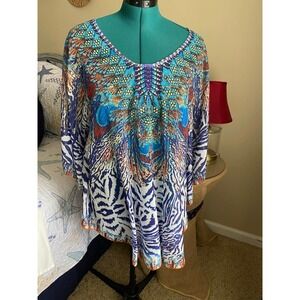 Batwing Blouse One Size Jennifer Rose NY Animal Print Rhinestone Detail NEW